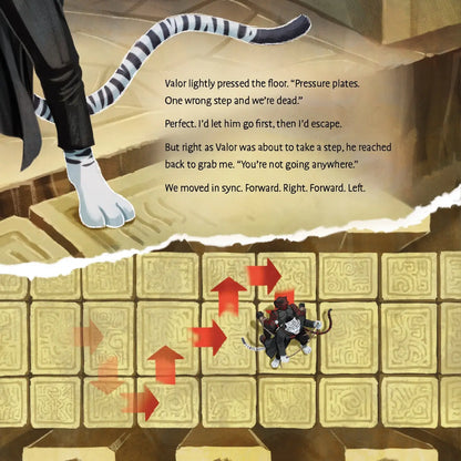 Illustration of a character navigating a puzzle with pressure plates and text overlay.