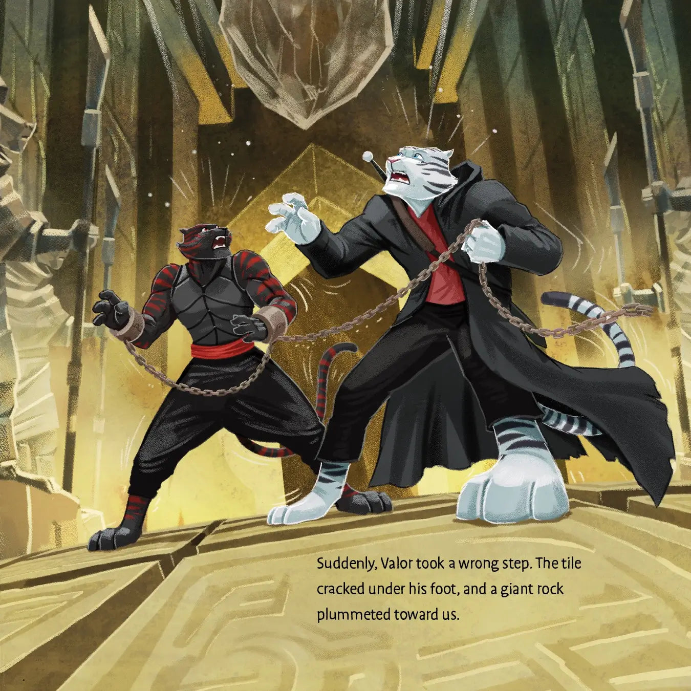 Two animated characters in a fantasy setting with a giant rock about to fall.