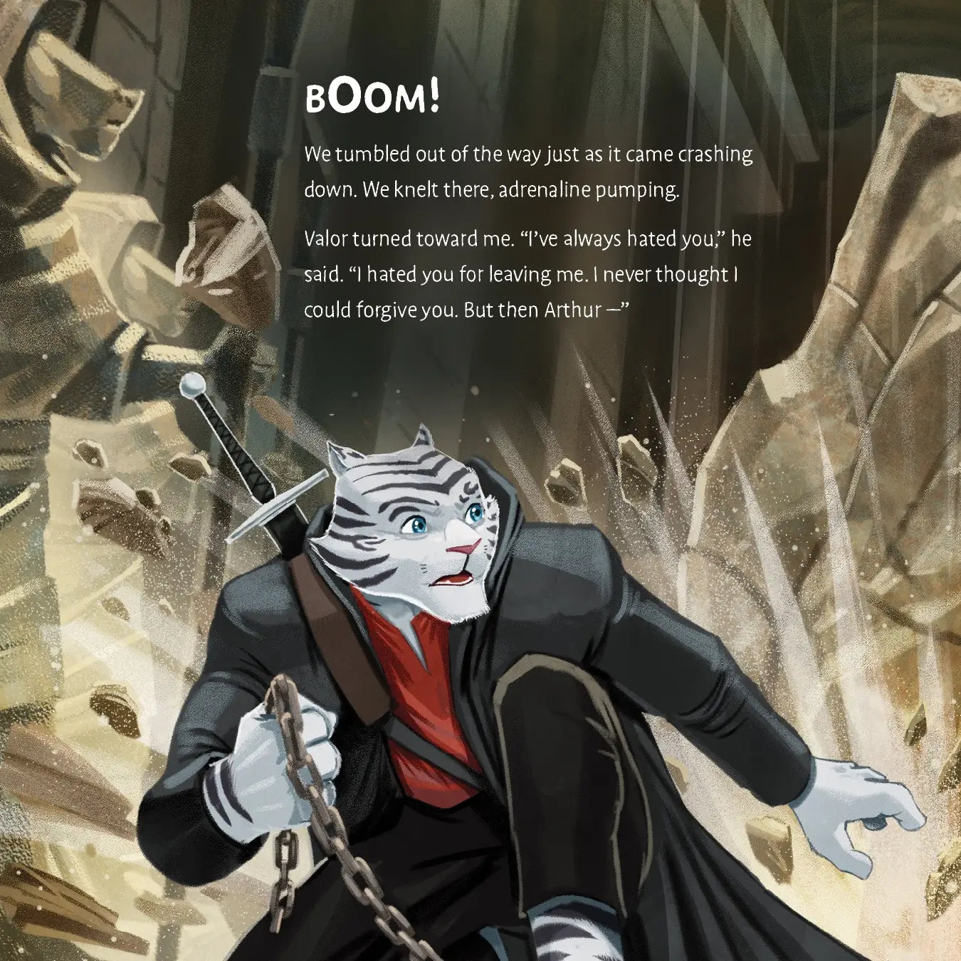 Character with a cat-like face in a dark, dramatic setting with text overlay.