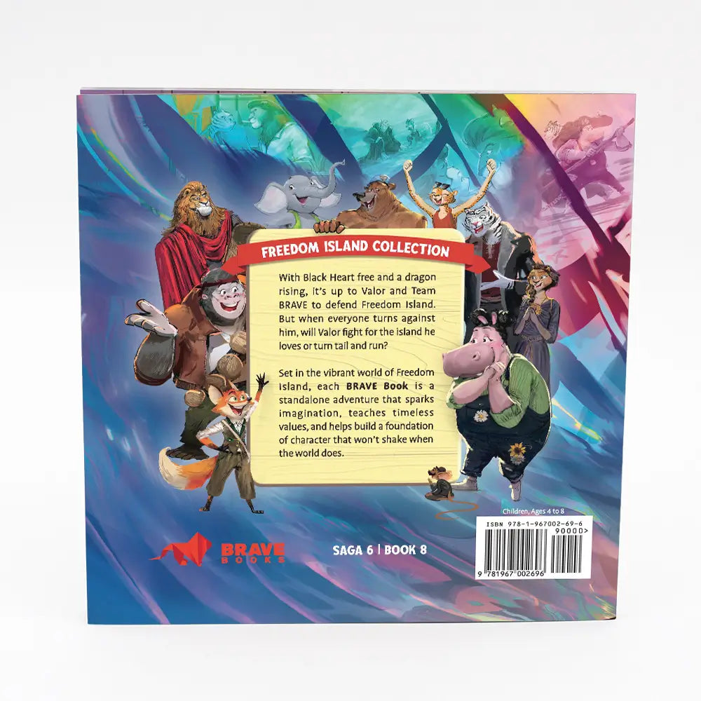 Back cover of a book titled 'Freedom Island Collection' with animated characters and text.