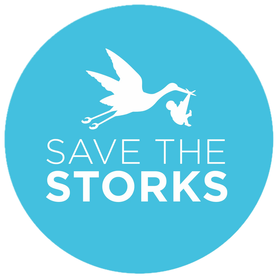 A blue seal logo with a stork carrying a baby that says Save the Storks