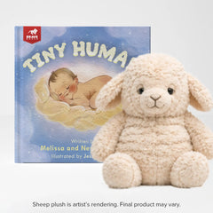 Sheep plush toy next to a book titled 'Tiny Huma' on a white background