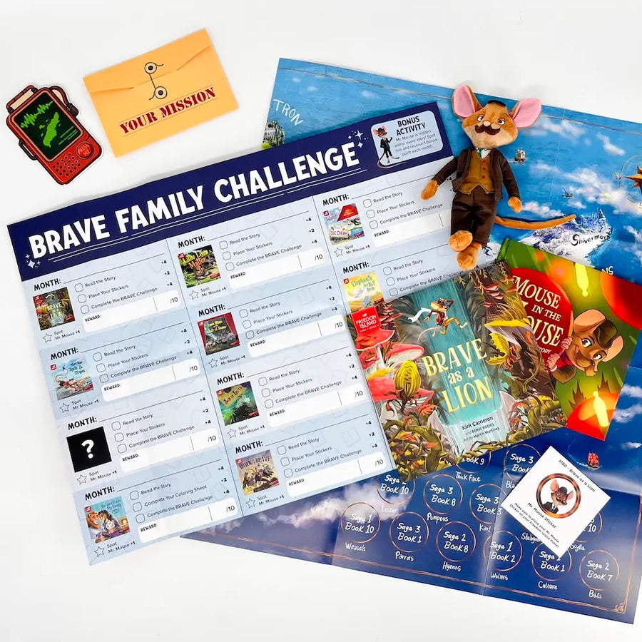 Brave Family Challenge activity book with character figurine and mission card on a white background