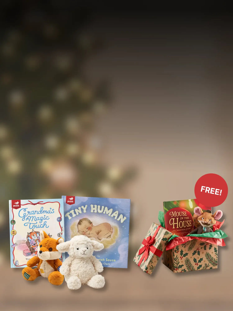 Grandma's Magic Touch and Tiny Human with their fox and lamb plush, plus a free Mouse in the House book and plush in a gift box