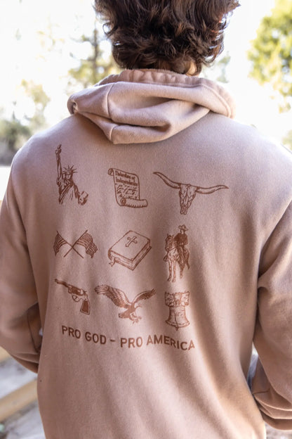 Man wearing BRAVE Books pro-god, pro-America hoodie