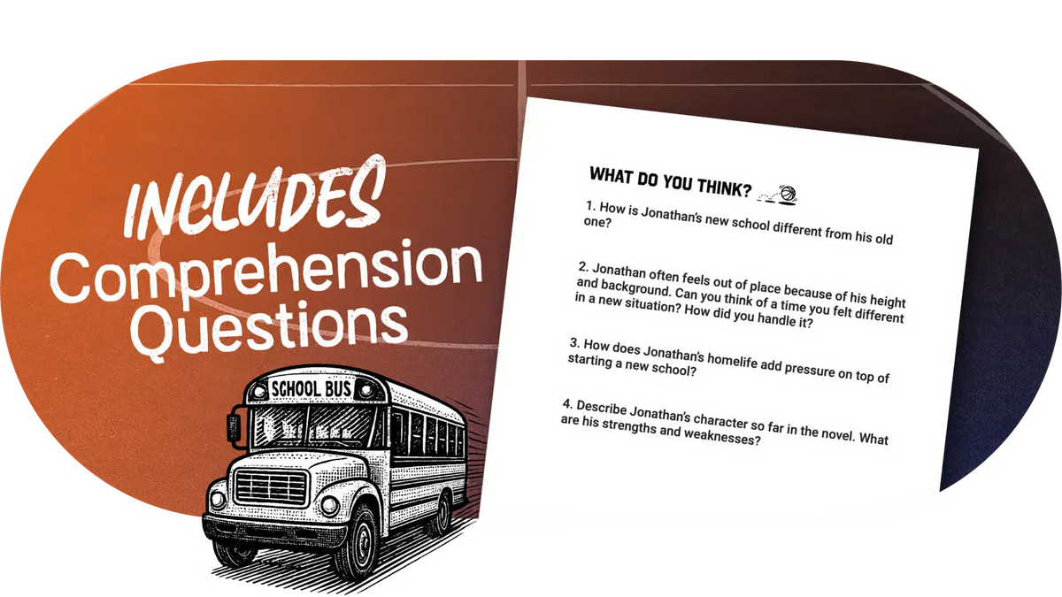 School bus graphic with comprehension questions on a white background