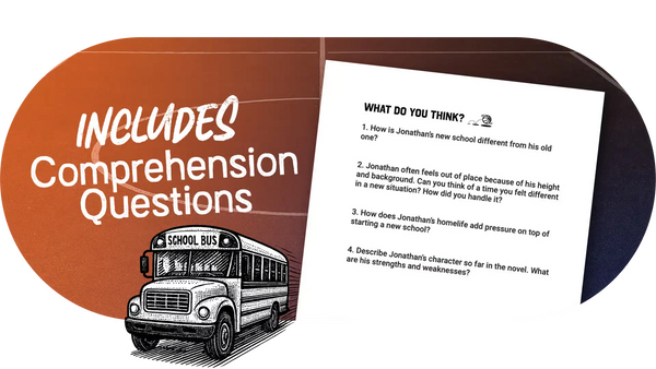 School bus graphic with comprehension questions on a white background